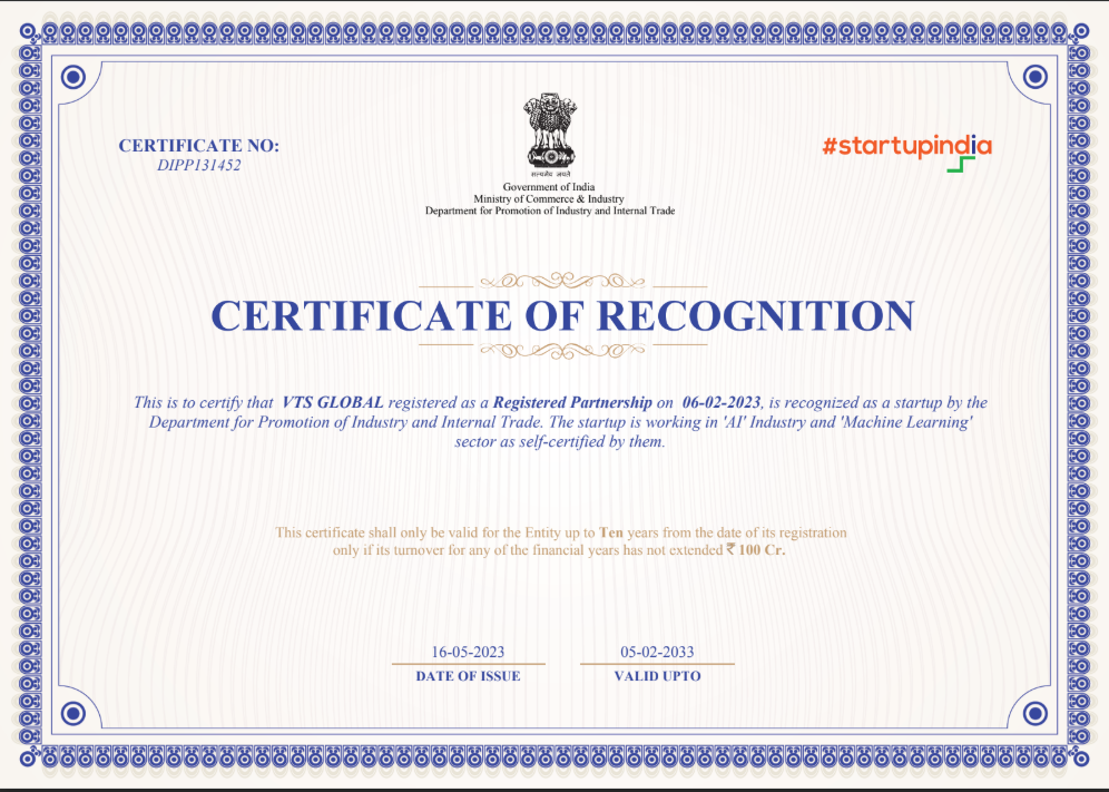 DPIIT Startup India Recognition Certificate for VTS Global