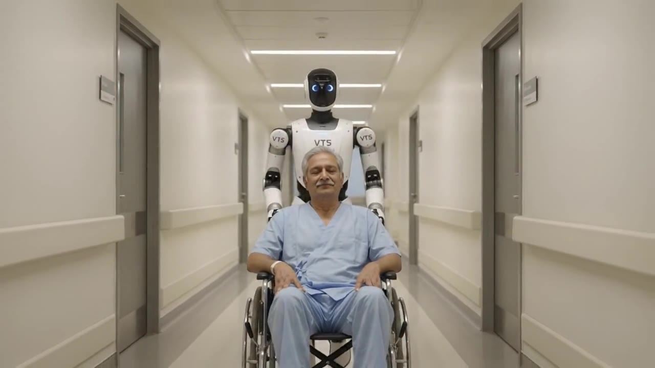 Humanoid robot assisting a patient in a hospital corridor