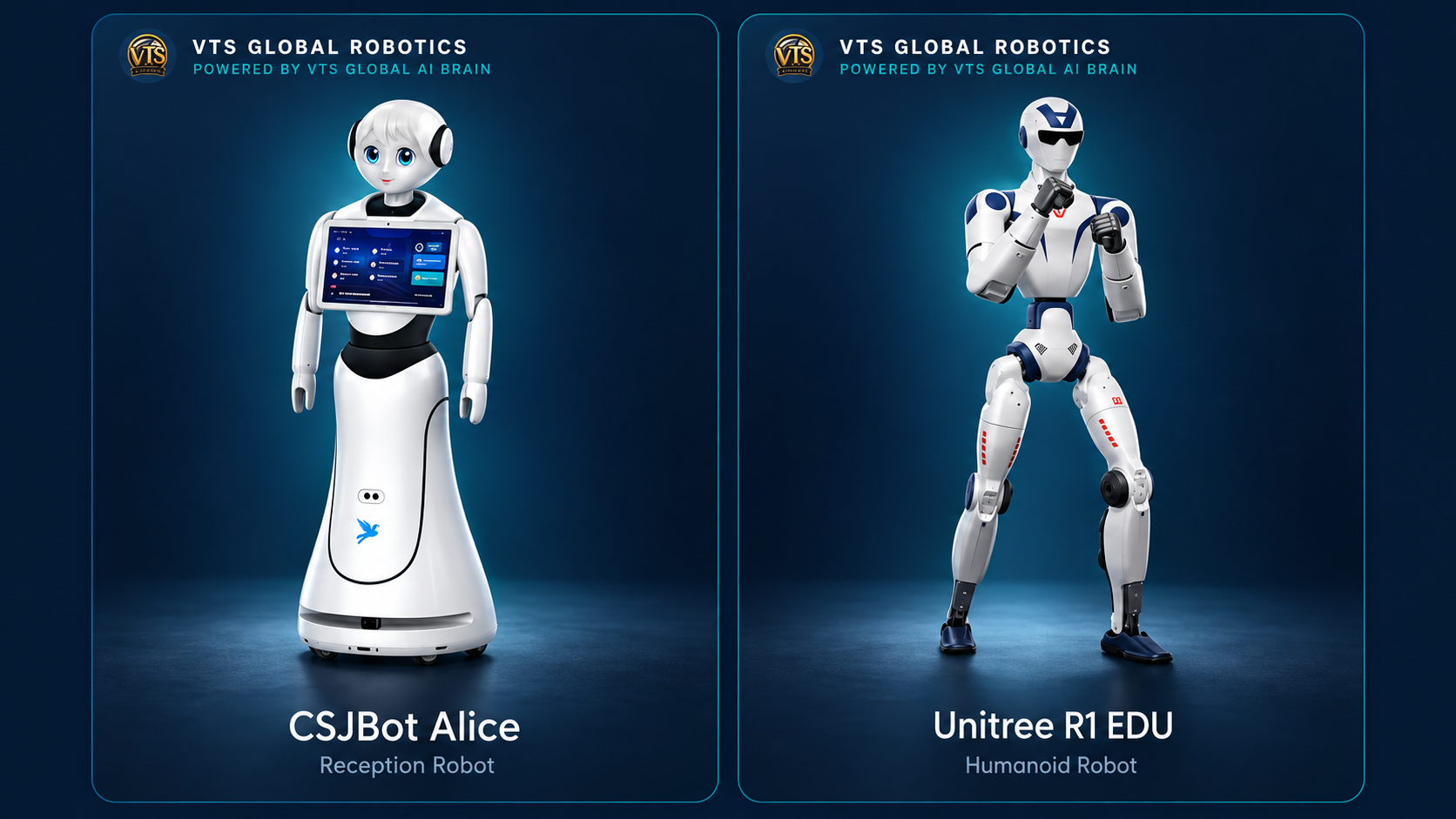 Branded VTS Global Robotics artwork featuring the full CSJBot Alice reception robot