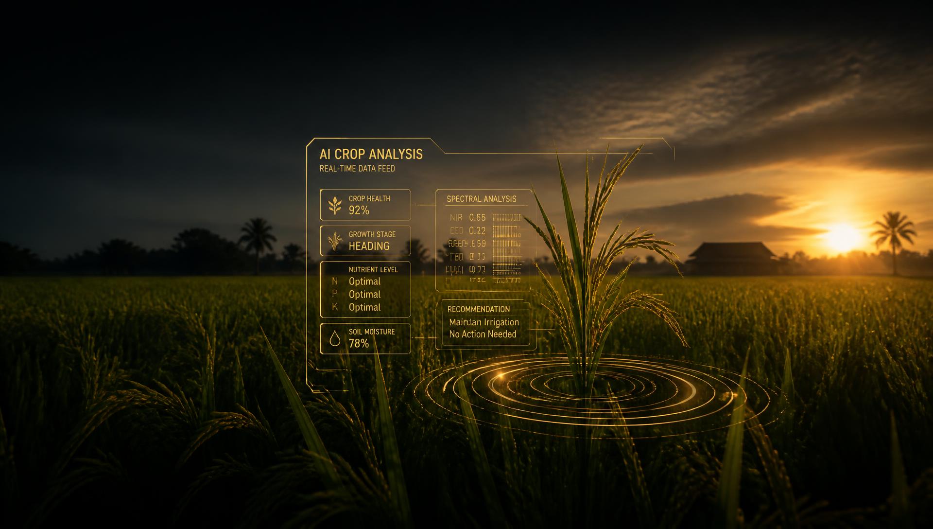 Holographic AI crop analysis over a paddy field at golden hour