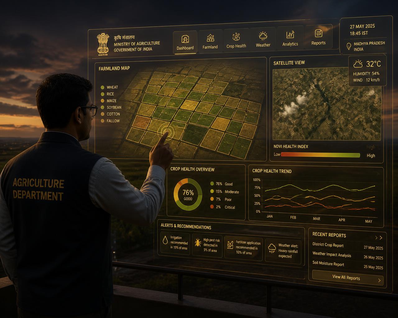 Agriculture department officer reviewing a holographic farmland intelligence dashboard