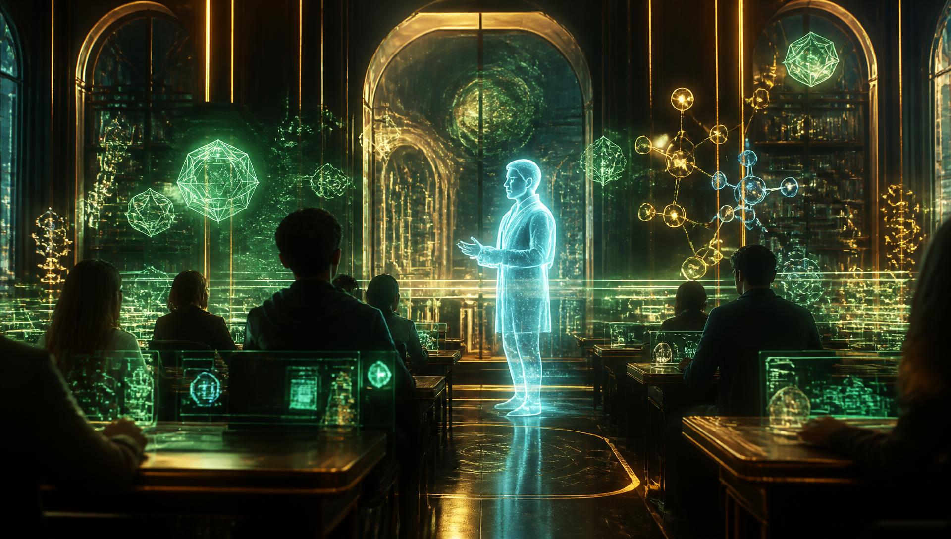 Holographic AI teacher presenting 3D lessons to students in a futuristic classroom